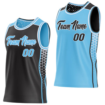 Uksn Individuelles Schwarz Himmelblau-Weiß Seitenstreifen Geometrisch Dreieck Verlaufspunkt Wendbar Doppelseitig Sublimation Basketball-Set Trikot