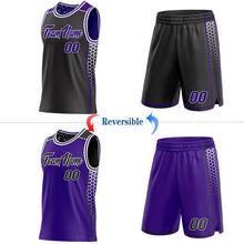 Laden Sie das Bild in den Galerie-Viewer, Uksn Individuelles Schwarz Violett-Weiß Seitenstreifen Geometrisch Dreieck Verlaufspunkt Wendbar Doppelseitig Sublimation Basketball-Set Trikot
