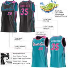 Laden Sie das Bild in den Galerie-Viewer, Uksn Individuelles Schwarz Pink-Petrol Seitenstreifen Geometrisch Dreieck Verlaufspunkt Wendbar Doppelseitig Sublimation Basketball-Set Trikot
