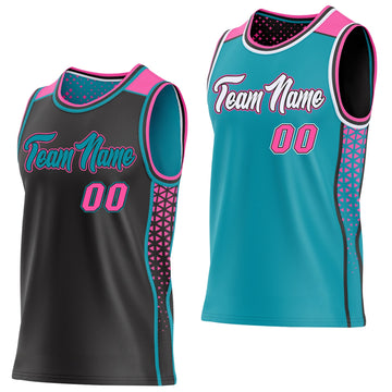 Uksn Individuelles Schwarz Pink-Petrol Seitenstreifen Geometrisch Dreieck Verlaufspunkt Wendbar Doppelseitig Sublimation Basketball-Set Trikot