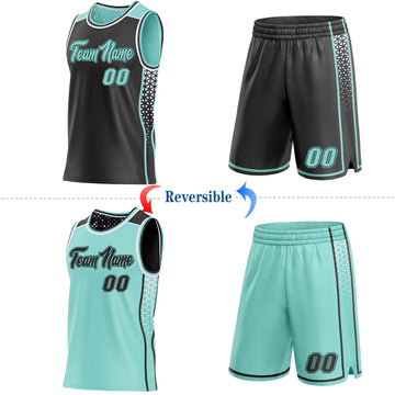 Uksn Individuelles Schwarz Eisblau-Weiß Seitenstreifen Geometrisch Dreieck Verlaufspunkt Wendbar Doppelseitig Sublimation Basketball-Set Trikot