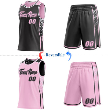 Uksn Individuelles Schwarz Hellrosa-Weiß Seitenstreifen Geometrisch Dreieck Verlaufspunkt Wendbar Doppelseitig Sublimation Basketball-Set Trikot