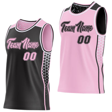 Uksn Individuelles Schwarz Hellrosa-Weiß Seitenstreifen Geometrisch Dreieck Verlaufspunkt Wendbar Doppelseitig Sublimation Basketball-Set Trikot