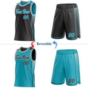 Uksn Individuelles Schwarz Petrol-Weiß Seitenstreifen Geometrisch Dreieck Verlaufspunkt Wendbar Doppelseitig Sublimation Basketball-Set Trikot