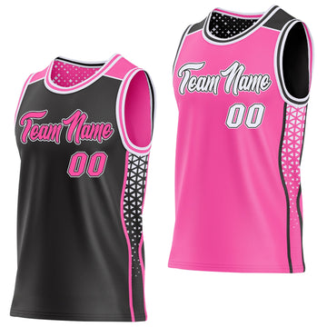 Uksn Individuelles Schwarz Pink-Weiß Seitenstreifen Geometrisch Dreieck Verlaufspunkt Wendbar Doppelseitig Sublimation Basketball-Set Trikot