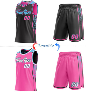 Uksn Individuelles Schwarz Pink-Himmelblau Seitenstreifen Geometrisch Dreieck Verlaufspunkt Wendbar Doppelseitig Sublimation Basketball-Set Trikot