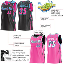 Laden Sie das Bild in den Galerie-Viewer, Uksn Individuelles Schwarz Pink-Himmelblau Seitenstreifen Geometrisch Dreieck Verlaufspunkt Wendbar Doppelseitig Sublimation Basketball-Set Trikot
