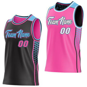 Uksn Individuelles Schwarz Pink-Himmelblau Seitenstreifen Geometrisch Dreieck Verlaufspunkt Wendbar Doppelseitig Sublimation Basketball-Set Trikot