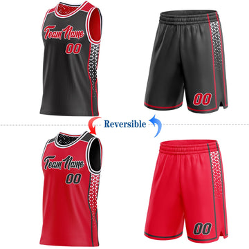Uksn Individuelles Schwarz Rot-Weiß Seitenstreifen Geometrisch Dreieck Verlaufspunkt Wendbar Doppelseitig Sublimation Basketball-Set Trikot