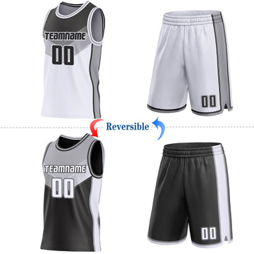 Uksn Individuelles Schwarz Weiß-Grau Seitenstreifen Geometrisch V-Ausschnitt Farbblock Wendbar Doppelseitig Sublimation Basketball-Set Trikot
