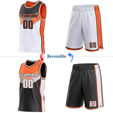 Uksn Individuelles Schwarz Weiß-Orange Seitenstreifen Geometrisch V-Ausschnitt Farbblock Wendbar Doppelseitig Sublimation Basketball-Set Trikot
