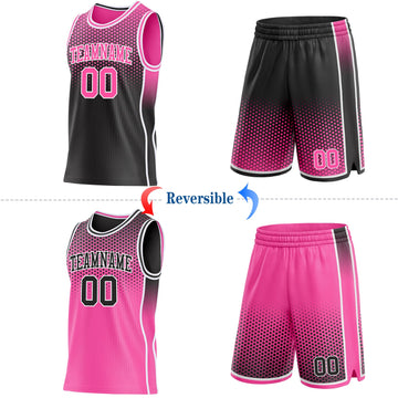 Uksn Individuelles Schwarz Pink-Weiß Seitenstreifen Verlauf Geometrisch Wabenmuster Wendbar Doppelseitig Sublimation Basketball-Set Trikot