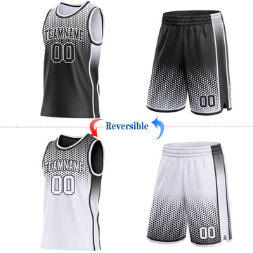 Uksn Individuelles Schwarz-Weiß Seitenstreifen Verlauf Geometrisch Wabenmuster Wendbar Doppelseitig Sublimation Basketball-Set Trikot