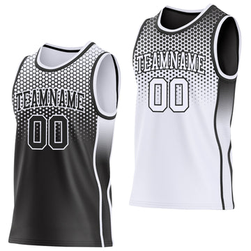 Uksn Individuelles Schwarz-Weiß Seitenstreifen Verlauf Geometrisch Wabenmuster Wendbar Doppelseitig Sublimation Basketball-Set Trikot