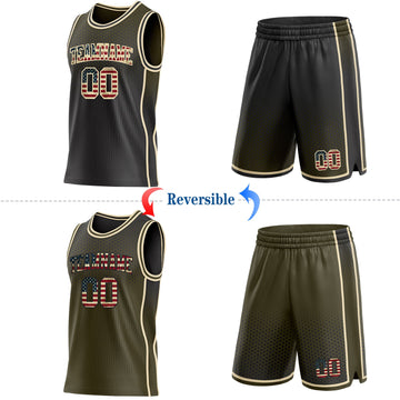 Uksn Individuelles Schwarz Vintage-US-Flagge Oliv-Creme Seitenstreifen Verlauf Geometrisch Wabenmuster Wendbar Doppelseitig Sublimation Basketball-Set Trikot