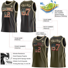 Laden Sie das Bild in den Galerie-Viewer, Uksn Individuelles Schwarz Vintage-US-Flagge Oliv-Creme Seitenstreifen Verlauf Geometrisch Wabenmuster Wendbar Doppelseitig Sublimation Basketball-Set Trikot
