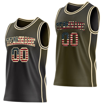 Uksn Individuelles Schwarz Vintage-US-Flagge Oliv-Creme Seitenstreifen Verlauf Geometrisch Wabenmuster Wendbar Doppelseitig Sublimation Basketball-Set Trikot