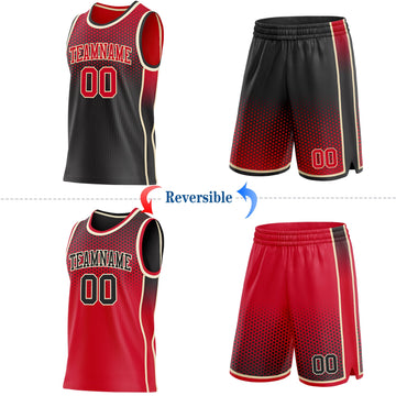 Uksn Individuelles Schwarz Rot-Creme Seitenstreifen Verlauf Geometrisch Wabenmuster Wendbar Doppelseitig Sublimation Basketball-Set Trikot