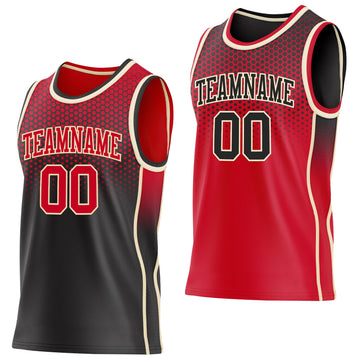 Uksn Individuelles Schwarz Rot-Creme Seitenstreifen Verlauf Geometrisch Wabenmuster Wendbar Doppelseitig Sublimation Basketball-Set Trikot