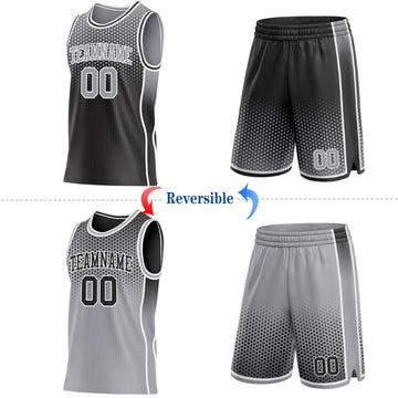 Uksn Individuelles Schwarz Grau-Weiß Seitenstreifen Verlauf Geometrisch Wabenmuster Wendbar Doppelseitig Sublimation Basketball-Set Trikot