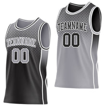 Laden Sie das Bild in den Galerie-Viewer, Uksn Individuelles Schwarz Grau-Weiß Seitenstreifen Verlauf Geometrisch Wabenmuster Wendbar Doppelseitig Sublimation Basketball-Set Trikot
