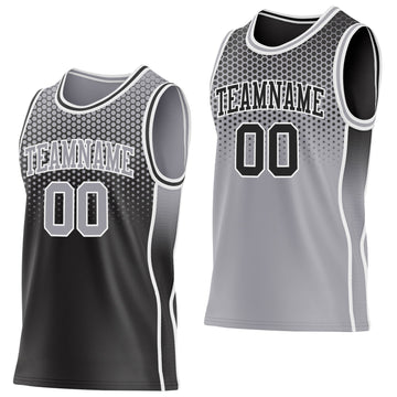 Uksn Individuelles Schwarz Grau-Weiß Seitenstreifen Verlauf Geometrisch Wabenmuster Wendbar Doppelseitig Sublimation Basketball-Set Trikot