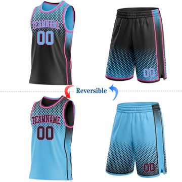 Uksn Individuelles Schwarz Himmelblau-Pink Seitenstreifen Verlauf Geometrisch Wabenmuster Wendbar Doppelseitig Sublimation Basketball-Set Trikot