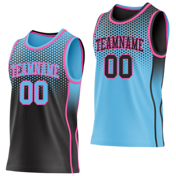 Uksn Individuelles Schwarz Himmelblau-Pink Seitenstreifen Verlauf Geometrisch Wabenmuster Wendbar Doppelseitig Sublimation Basketball-Set Trikot
