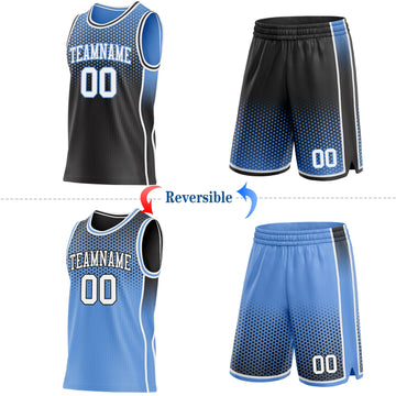 Uksn Individuelles Schwarz Weiß-Hellblau Seitenstreifen Verlauf Geometrisch Wabenmuster Wendbar Doppelseitig Sublimation Basketball-Set Trikot