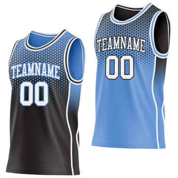Uksn Individuelles Schwarz Weiß-Hellblau Seitenstreifen Verlauf Geometrisch Wabenmuster Wendbar Doppelseitig Sublimation Basketball-Set Trikot