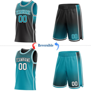 Uksn Individuelles Schwarz Petrol Weiß Seitenstreifen Verlauf Geometrisch Wabenmuster Wendbar Doppelseitig Sublimation Basketball-Set Trikot