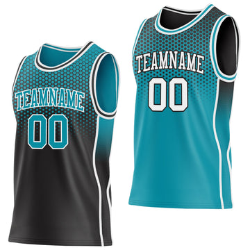 Uksn Individuelles Schwarz Petrol Weiß Seitenstreifen Verlauf Geometrisch Wabenmuster Wendbar Doppelseitig Sublimation Basketball-Set Trikot