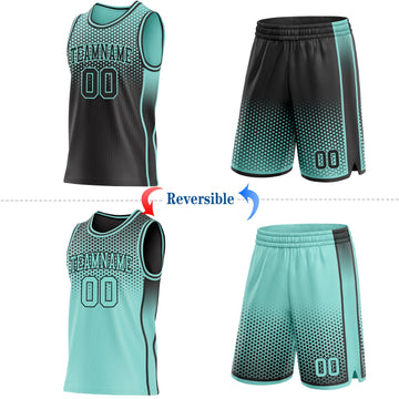 Uksn Individuelles Schwarz-Eisblau Seitenstreifen Verlauf Geometrisch Wabenmuster Wendbar Doppelseitig Sublimation Basketball-Set Trikot