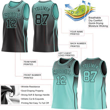 Laden Sie das Bild in den Galerie-Viewer, Uksn Individuelles Schwarz-Eisblau Seitenstreifen Verlauf Geometrisch Wabenmuster Wendbar Doppelseitig Sublimation Basketball-Set Trikot

