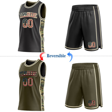 Uksn Individuelles Schwarz(Oliv) Vintage-US-Flagge-Creme Camouflage Seitenstreifen Wendbar Doppelseitig Sublimation Basketball-Set Trikot
