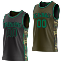 Laden Sie das Bild in den Galerie-Viewer, Uksn Individuelles Schwarz(Oliv)-Kelly-Grün Camouflage Seitenstreifen Wendbar Doppelseitig Sublimation Basketball-Set Trikot
