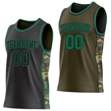 Uksn Individuelles Schwarz(Oliv)-Kelly-Grün Camouflage Seitenstreifen Wendbar Doppelseitig Sublimation Basketball-Set Trikot
