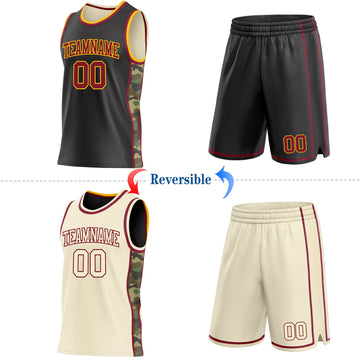 Uksn Individuelles Schwarz(Creme) Karmesinrot-Gold Camouflage Seitenstreifen Wendbar Doppelseitig Sublimation Basketball-Set Trikot