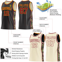 Laden Sie das Bild in den Galerie-Viewer, Uksn Individuelles Schwarz(Creme) Karmesinrot-Gold Camouflage Seitenstreifen Wendbar Doppelseitig Sublimation Basketball-Set Trikot
