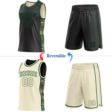 Uksn Individuelles Schwarz(Creme)-Grün Camouflage Seitenstreifen Wendbar Doppelseitig Sublimation Basketball-Set Trikot