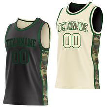 Laden Sie das Bild in den Galerie-Viewer, Uksn Individuelles Schwarz(Creme)-Grün Camouflage Seitenstreifen Wendbar Doppelseitig Sublimation Basketball-Set Trikot
