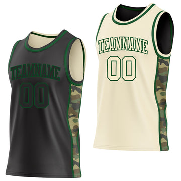 Uksn Individuelles Schwarz(Creme)-Grün Camouflage Seitenstreifen Wendbar Doppelseitig Sublimation Basketball-Set Trikot