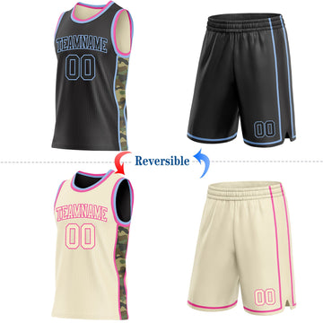 Uksn Individuelles Schwarz(Creme) Hellblau-Pink Camouflage Seitenstreifen Wendbar Doppelseitig Sublimation Basketball-Set Trikot