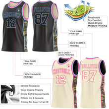 Laden Sie das Bild in den Galerie-Viewer, Uksn Individuelles Schwarz(Creme) Hellblau-Pink Camouflage Seitenstreifen Wendbar Doppelseitig Sublimation Basketball-Set Trikot
