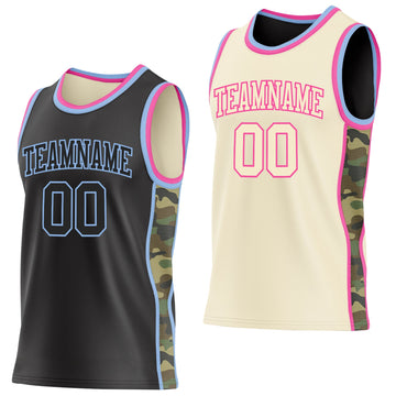 Uksn Individuelles Schwarz(Creme) Hellblau-Pink Camouflage Seitenstreifen Wendbar Doppelseitig Sublimation Basketball-Set Trikot