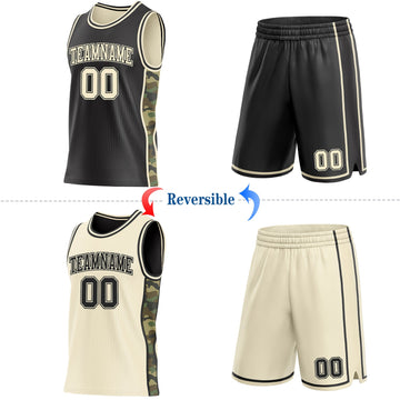 Uksn Individuelles Schwarz-Creme Camouflage Seitenstreifen Wendbar Doppelseitig Sublimation Basketball-Set Trikot