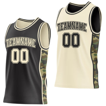 Uksn Individuelles Schwarz-Creme Camouflage Seitenstreifen Wendbar Doppelseitig Sublimation Basketball-Set Trikot