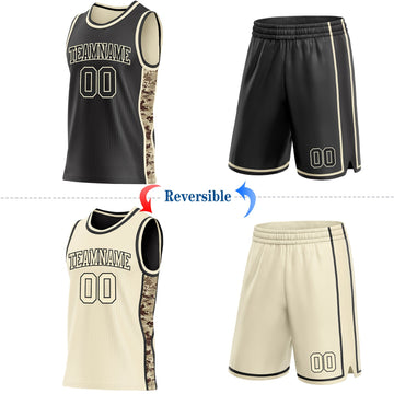 Uksn Individuelles Schwarz-Creme Digitale Camouflage Seitenstreifen Wendbar Doppelseitig Sublimation Basketball-Set Trikot