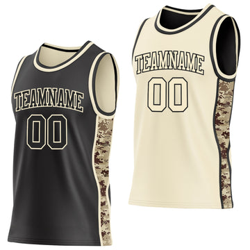 Uksn Individuelles Schwarz-Creme Digitale Camouflage Seitenstreifen Wendbar Doppelseitig Sublimation Basketball-Set Trikot