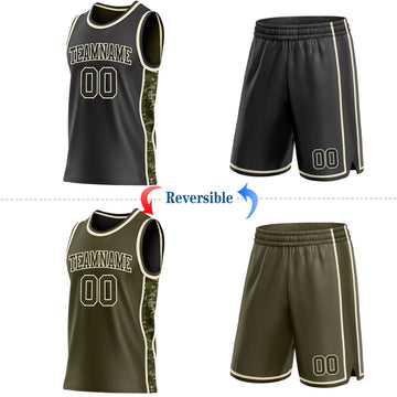 Uksn Individuelles Schwarz(Oliv)-Creme Digitale Camouflage Seitenstreifen Wendbar Doppelseitig Sublimation Basketball-Set Trikot